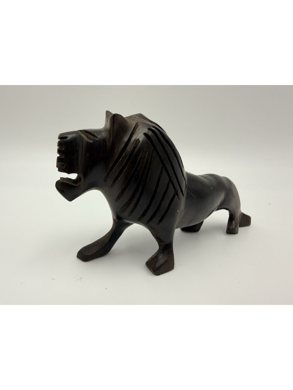 Vintage Hand Carved Lion Dark Brown Sculpture Wooden Figurine 3.5”